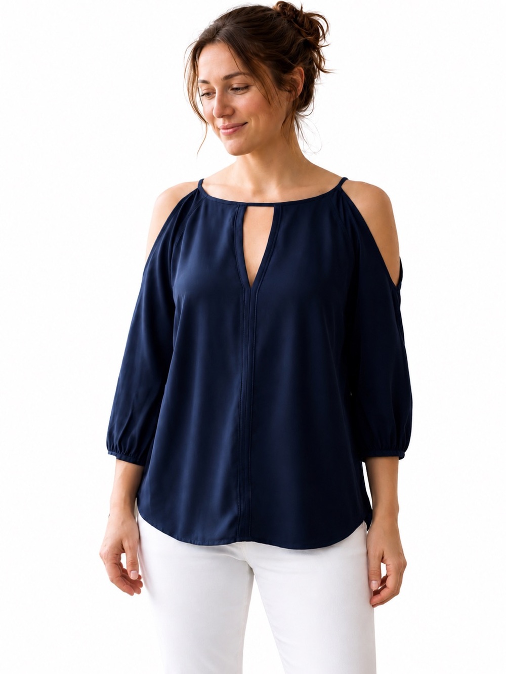 Trina Turk 100% Silk Keyhole Cold Shoulder Bishop Sleeve Blouse Navy XL EUC Chic